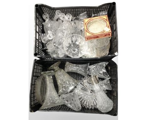 Two crates of 20th-century glass ware, including silver plate-mounted decanter, vases, drinking glasses.