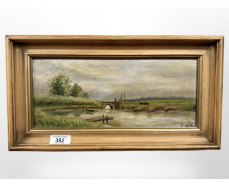 Danish school : River leading to a bridge, oil on panel, 30cm x 13cm.