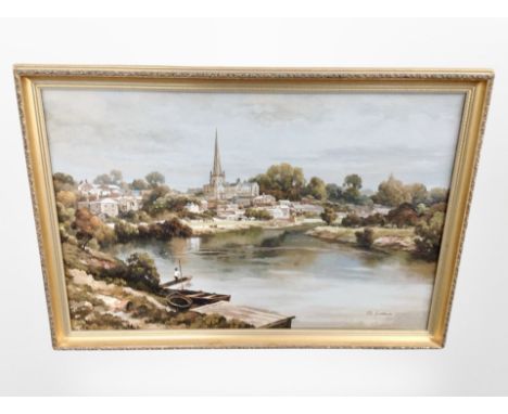R Lathan : Village by a river with church spire beyond, oil on canvas, 50cm x 75cm.