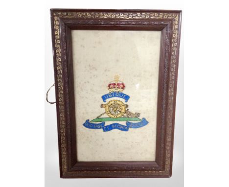 A Royal Artillery embroidered panel in carved and gilt frame, overall 48cm x 34cm.