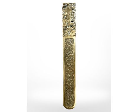 A Chinese bronze manuscript page turner, length 32cm. 