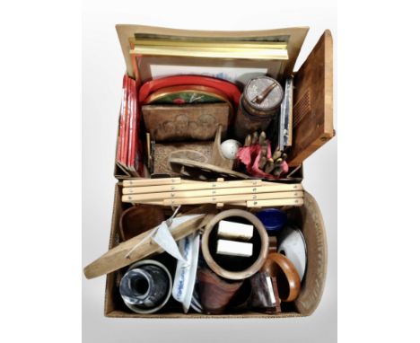 Two boxes containing treen, ceramics, folding clothes airer, model boat, pictures, etc.