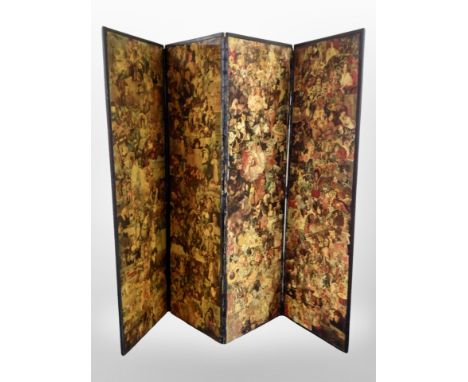 A Victorian four-fold scrapwork screen , each panel 180cm x 55cm.