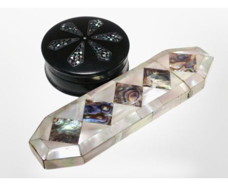 A Victorian mother of pearl spectacles case and a papier mache mother of pearl snuff box 