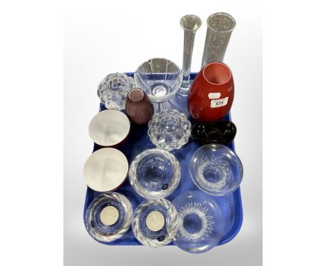A group of Danish glassware including Holmegaard vases, Royal Copenhagen tealight holders, bowls, etc.