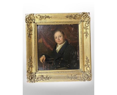 British school (early 19th century) : Half-length portrait of a seated gentlemen wearing a buttoned jacket, oil on canvas, 32