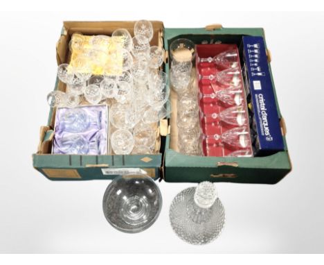 Two boxes of boxed and unboxed 20th century crystal including ship's decanter, various sets of wine glasses and champagne flu