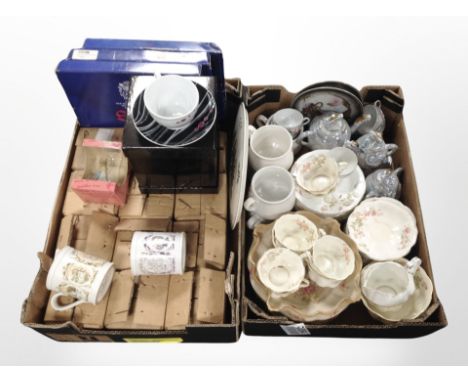 Two boxes containing antique tea china, Japanese lustre export tea set, Spode plates, Denby mugs.