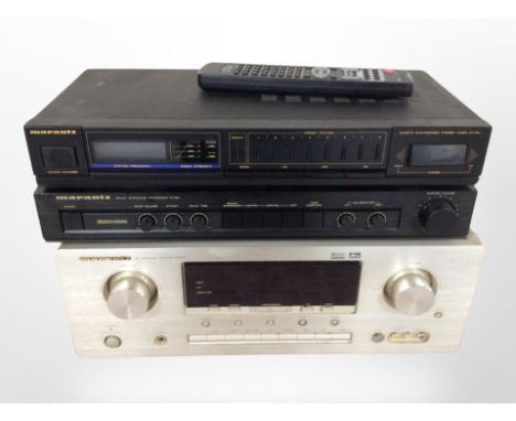 Three Marantz Hi-Fi separates comprising stereo tuner ST151L, surround processor, RV351, and surround receiver SR5200, with l
