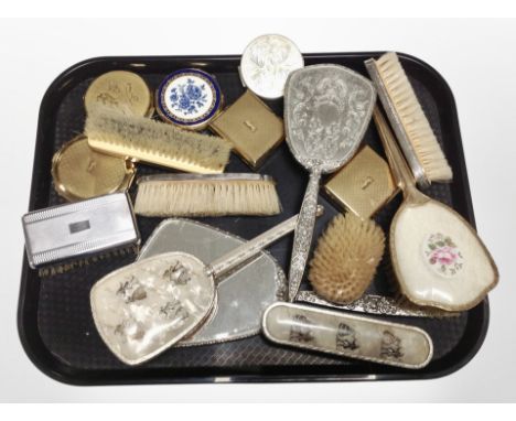 A group of silver plate and other dressing table brushes, silver and enamel hairbrush, compacts.