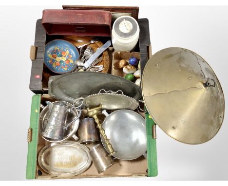 Two boxes containing silver-plated wares, brass pendant light shade, carved wooden fruit bowl, polished onyx eggs, cutlery tr
