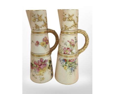 Two very similar Royal Worcester blush ivory porcelain tapered jugs, shape number 1047, height 25 cm 