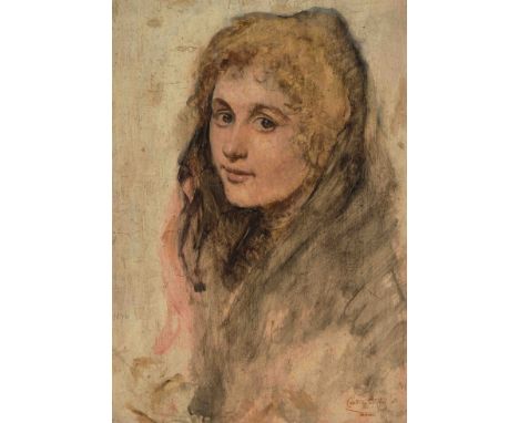 Haanen, Cecil van (1844 Wien 1914)Portrait einer jungen Dame. Ölskizze auf Holz. Unten rechts Nachlassstempel, verso Etikett,