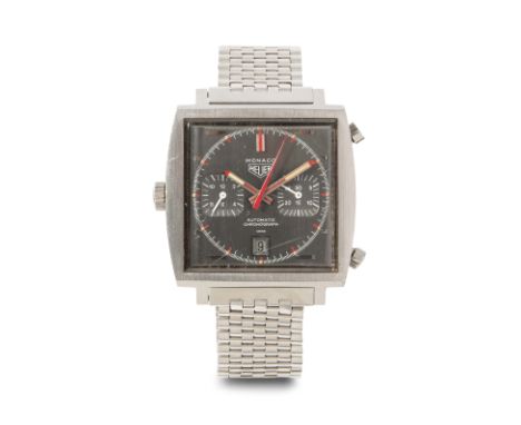 Heuer "Monaco" Chronograph, um 1972Ref. 1133. Edelstahl Gehäuse Nr. 160668, 46x40 mm. Automatik Cal. Anthrazitfarbenes Ziffer