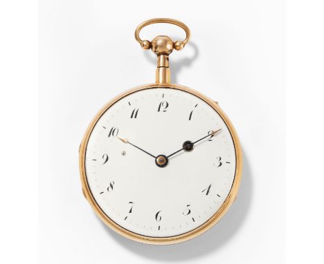 Gold-Spindeltaschenuhr mit Viertelrepetition, um 1820Westschweiz, unsigniert. Glattes Gehäuse aus Roségold mit godroniertem R