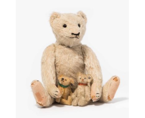 Steiff, 3 TeddybärenDeutschland, um 1920/30. (1) Teddybär. Gegliederter Körper aus weissem Mohairplüsch. Nase, Mund und Krall