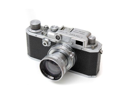 A Canon IIB Rangefinder Camera, chrome, serial no. 26369, with Canon Serenar f/1.9 50mm lens