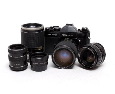 A Porst Reflex M-CE SLR Camera, with various lenses including Porst Color Reflex Auto f/1.4 55mm lens (a lot)