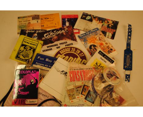 Memorabilia, tickets, passes and badges including Coldplay, The Rolling Stones, Guns & Roses, he Who, Kiss, Reading 78 and ot