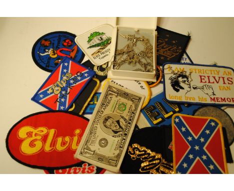 Elvis Presley,  approx twenty cloth patches sold with five white metal pendants and chains