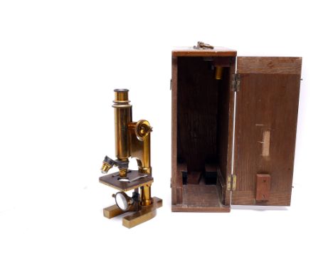 A R&amp;J Beck Brass Microscope, with two objectives, in maker's caseoptics a little dusty but appear to be in good condition
