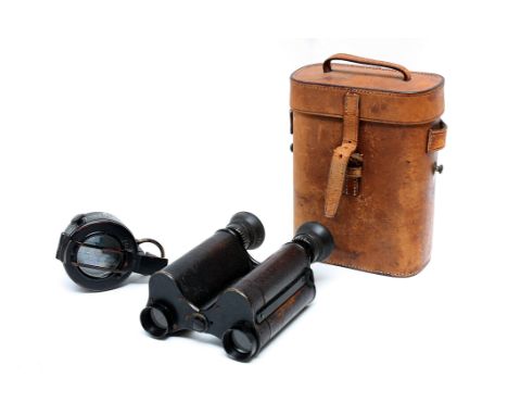 A Millitary Mk.3 Compass, together with an unmarked pair of binoculars, posibily French, in maker's case