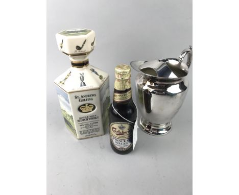 SILVER PLATED WATER JUG, engraved dedication, 19cm high, along with a bottle of Prince of Wales special brew, and a St. Andre