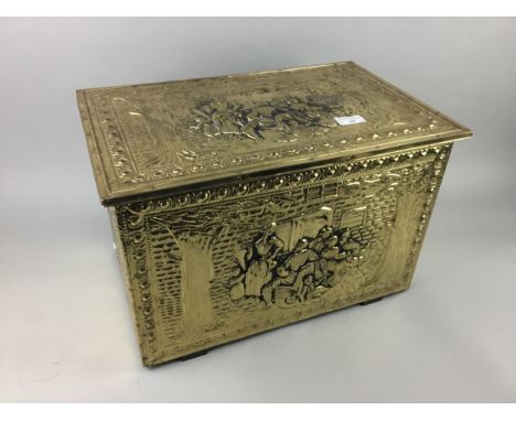 EMBOSSED BRASS LOG BOX, 46cm wide, along with a large oval plaque, fan firescreen and a cream Bakelite telephone (4)