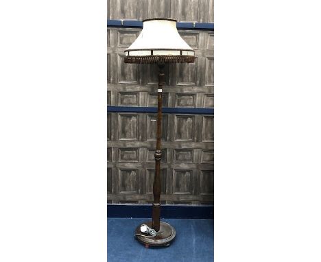 STAINED WOOD STANDARD LAMP, with shade