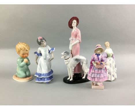 ART DECO TRENTHAM ART WARE FIGURE GROUP, 24cm high, along with Royal Doulton figures of Greta and Dimity, Goebel figure of a 