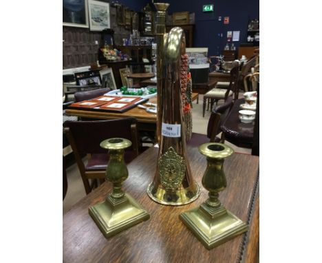 ARGYLL &amp; SUTHERLAND COPPER AND BRASS BUGLE, along with other items including a pair of brass candlesticks and assorted co