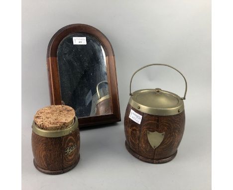 MIRRORED KEY STORAGE BOX, 30.5cm high, along with an oak biscuit barrel, with plated mount and a tea caddy (3)