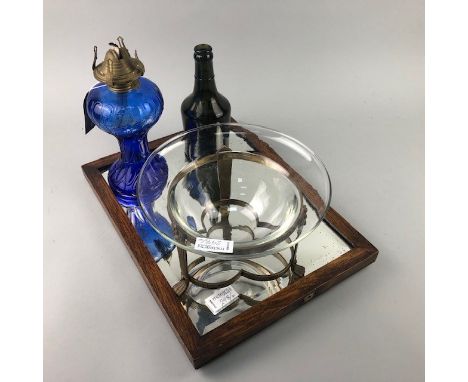 EARLY J G BARR &amp; CO GLASS SODA BOTTLE, 19cm high, along with a blue glass oil lamp, a glass bowl on metal stand and a mir