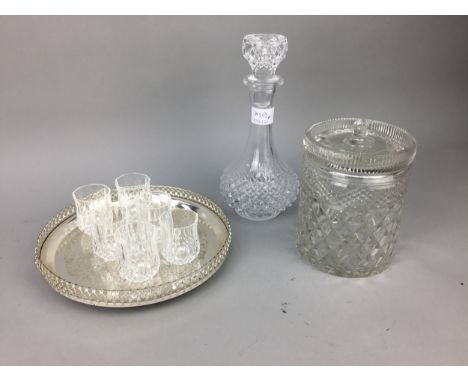 GLASS LIQUEUR SET ON TRAY, along with a cylindrical biscuit barrel, a group of Caithness and other glassware, drinking glasse