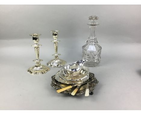 SILVER PLATED ENTREE DISH AND COVER, along with plated candlesticks and other plated ware, cut glass decanter and a wall mirr