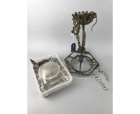 BRASS CEILING LIGHT with group of prismatic drops and a bronzed metal bracket, cast with Knights helmet (2)