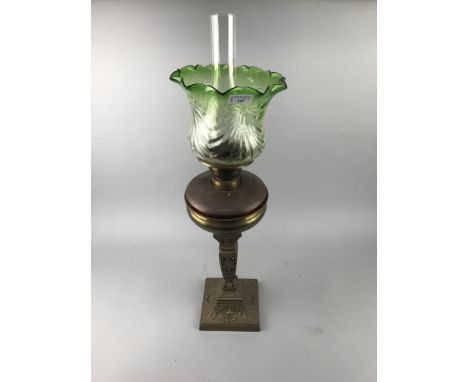 VICTORIAN BRASS OIL LAMP, with funnel, green glass shade and reservoir