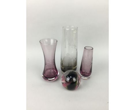 CAITHNESS GLASS VASE, in a Romeo and Juliet design, 23cm high, along with other Caithness glass vases and paperweights and a 