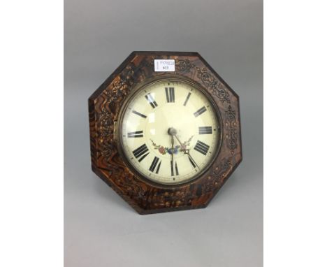 VICTORIAN WALL CLOCK, the white enamel dial with floral swag and Roman numerals, in a wood case with gilt inlay, 33cm x 33cm