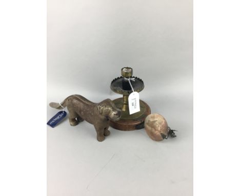 VICTORIAN MATCH STRIKER, along with a metal dog nut cracker, plated tea service and two oil lamps