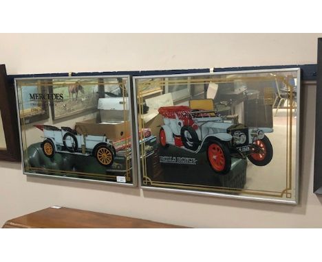 PAIR OF MIRRORED AUTOMOBILE PICTURES, depicting Rolls Royce Silver Ghost 1909 and Mercedes Edwardian Tourer 1908, framed, eac