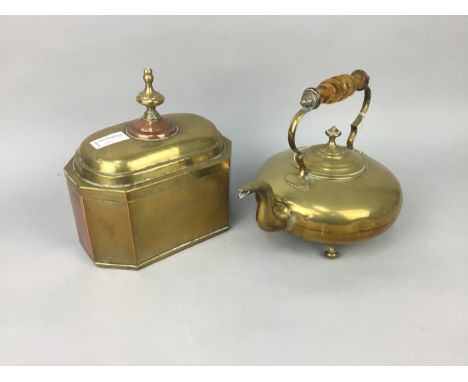 BRASS TODDY KETTLE, along with a brass caddy, candlesticks, silver plated tray, cutlery and other items