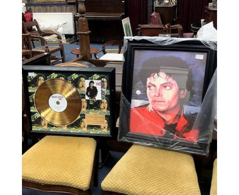 MICHAEL JACKSON 'BAD' GOLD DISK, mounted, framed and under glass, 46cm x 59cm overall, along with a print of Michael Jackson 