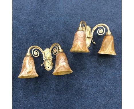 PAIR OF BRASS AND GLASS TWO LIGHT WALL LIGHTS