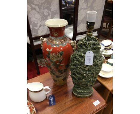 20TH CENTURY JAPANESE VASE, painted with flowers, 40cm high, along with a Chinese table lamp (2)