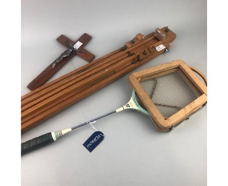 FOLDING EASEL, along with a crucifix and Silver Gray vintage badminton racquet with press (3)
