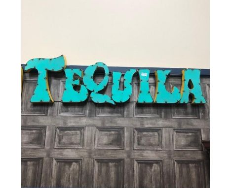 TEQUILA - A MEXICAN INDUSTRIAL ART PUB SIGN, painted in aqua and yellow, in tin with steel support