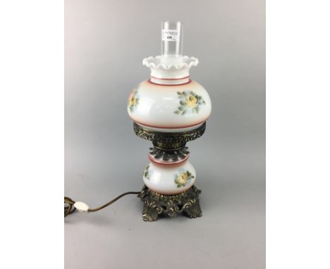 20TH CENTURY BRASS ELECTRIC TABLE LAMP, with glass shade with floral decoartion, along with three other table lamps (4)