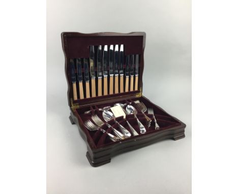 STAINED WOOD CANTEEN OF SILVER PLATED CUTLERY, along with a number of cased sets of silver plated flatware, also including tw