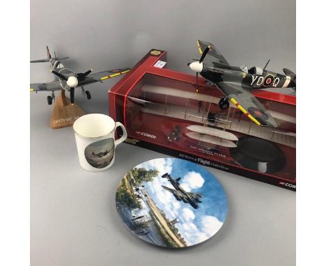 LOT OF TWO SPITFIRE MK 5 MODELS, along with a Wright Flyer in original box Corgi branded, a Royal Doulton plate featuring a L